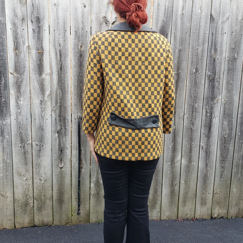 Vtg Mustard Yellow Wool & Grey Check Blend Double Breasted Moto Jacket Blazer L